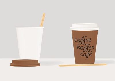 Coffee-to-go Becher Grafik mit Deckel und Stäbchen